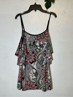 ECI White Paisley Ruffle Cami with Pink and Green Accents